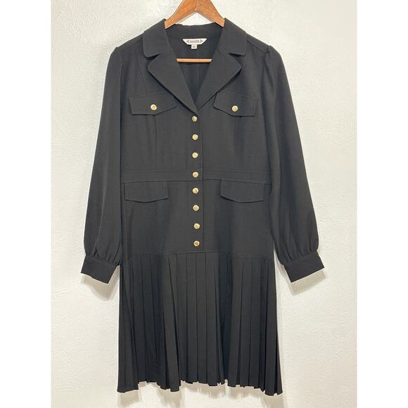 Nanette Lepore Dress 8 Black Blouson Pleated Skirt Gold Buttons Classy Designer - Picture 1 of 12